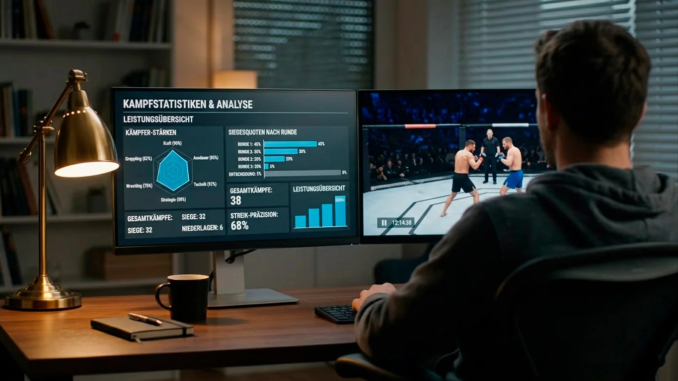 Person analysiert MMA-Kampfstatistiken und Kampfstile am Arbeitsplatz