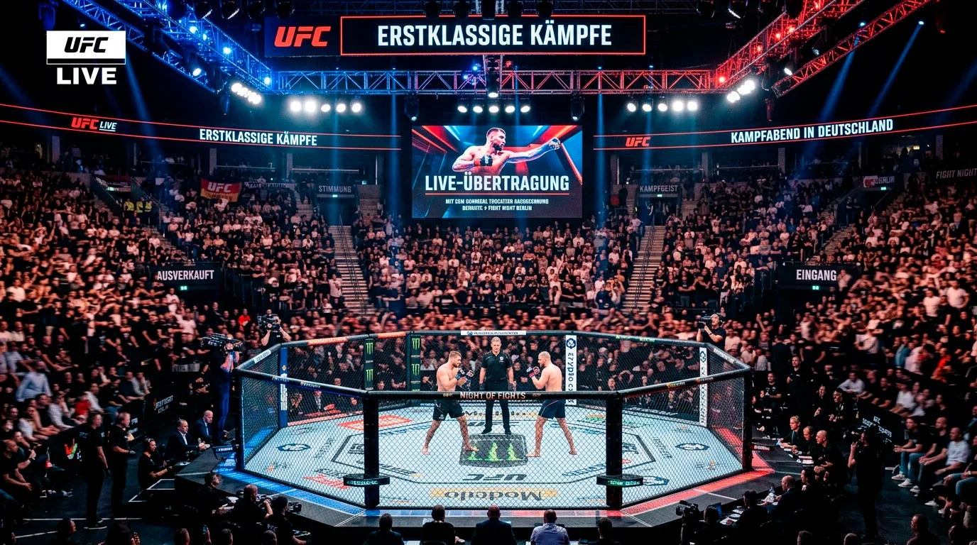 UFC Oktagon bei einem Live-Event mit beleuchteter Kampffläche und Zuschauern